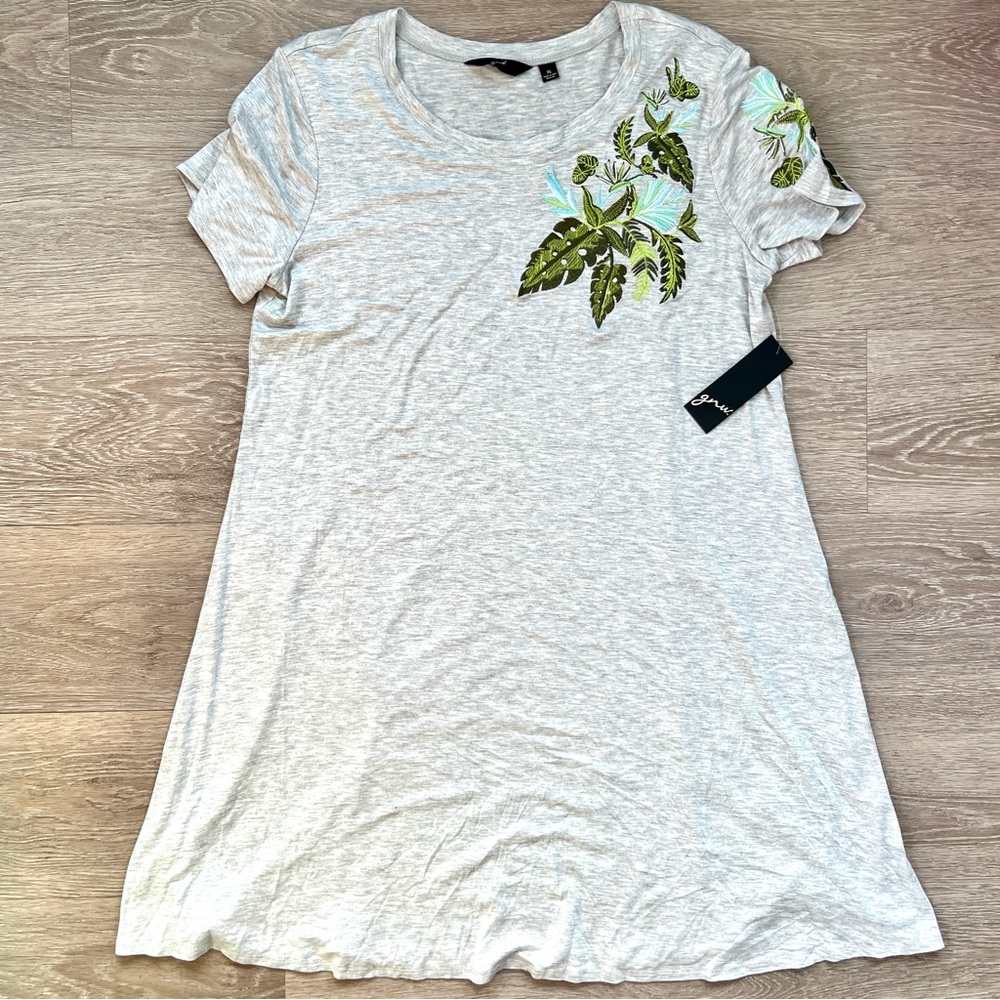 NWT Gnu Gray Shirt Dress / Tunic with Floral Embroidery, XL
